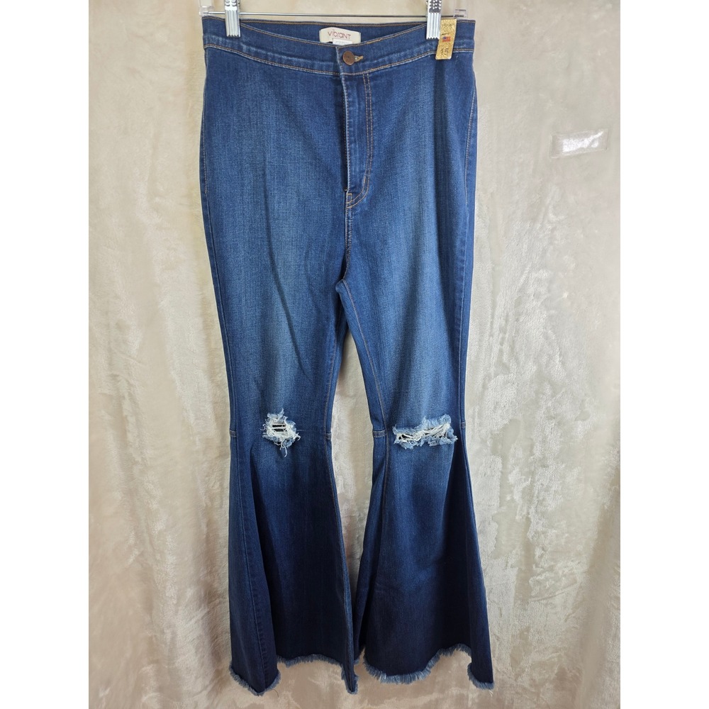 Vibrant M.I.U. Womens High Rise Distressed Flare Bell Bottom Jeans Blue Size‎ 15